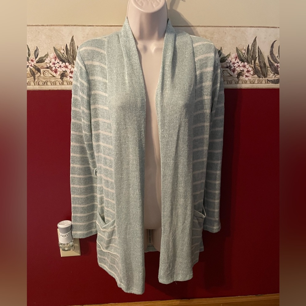 Anthropologie Light Blue and White Striped Open Cardigan